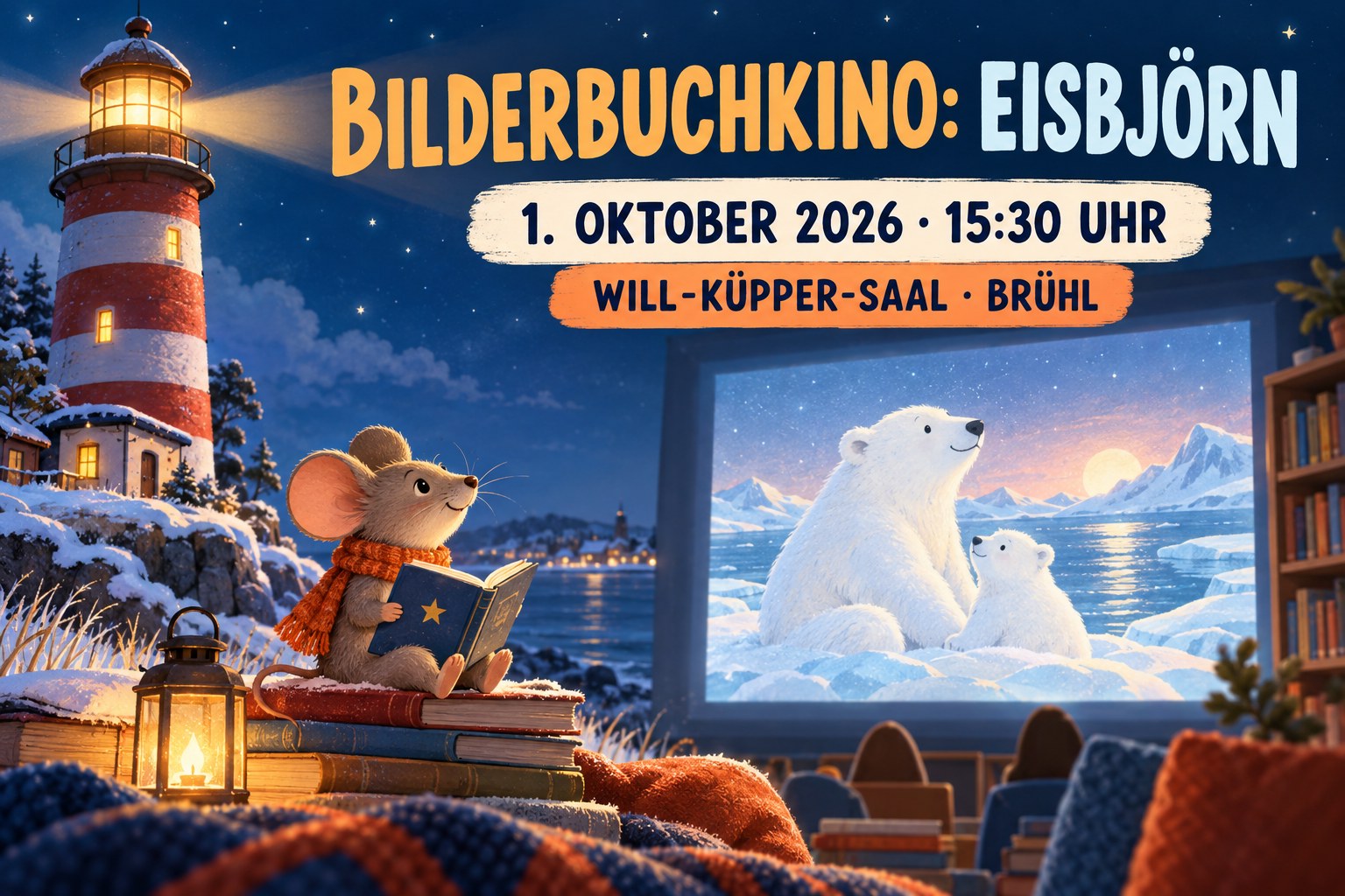 Veranstaltungsplakat zum Bilderbuchkino Eisbjörn am 1. Oktober 2026 in Brühl