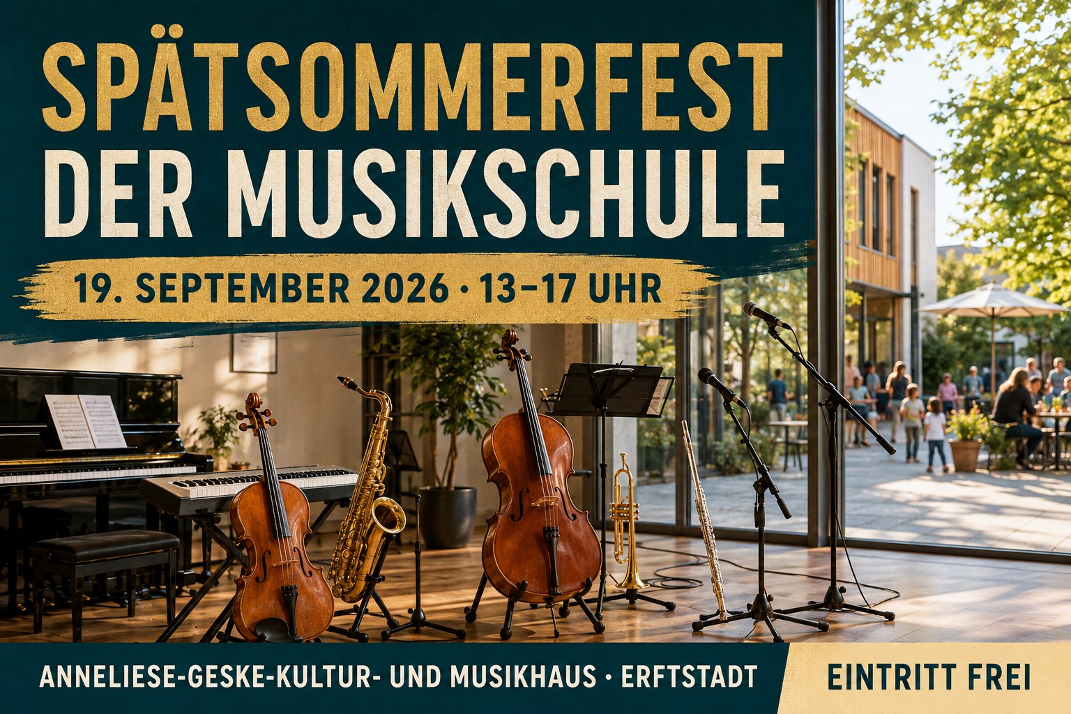 Werbeplakat zum Spätsommerfest der Musikschule Erftstadt mit Musikinstrumenten, Datum, Uhrzeit und Veranstaltungsort