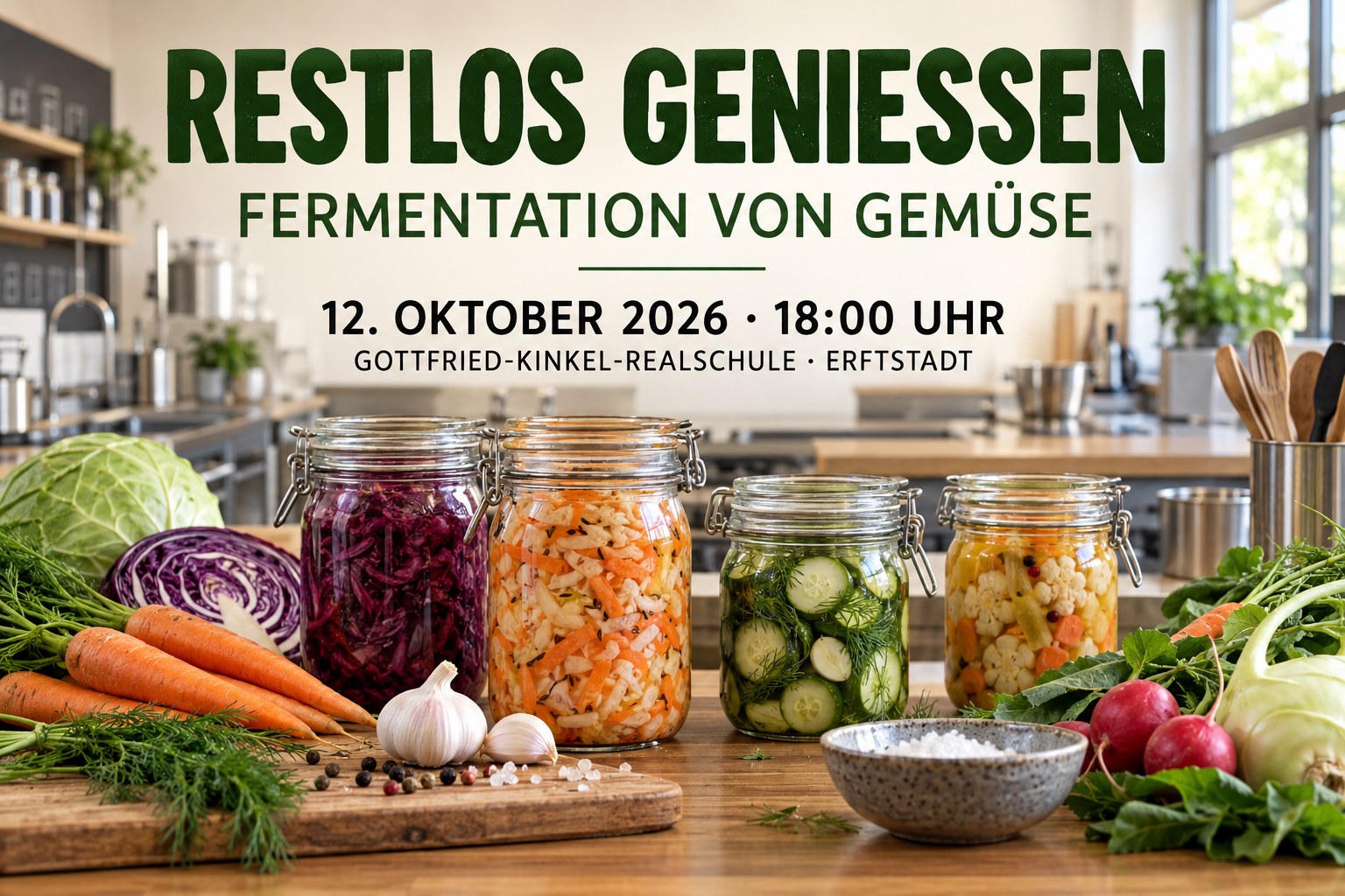 Symbolbild mit Fermentiergläsern und Gemüse für den VHS-Kurs Restlos genießen