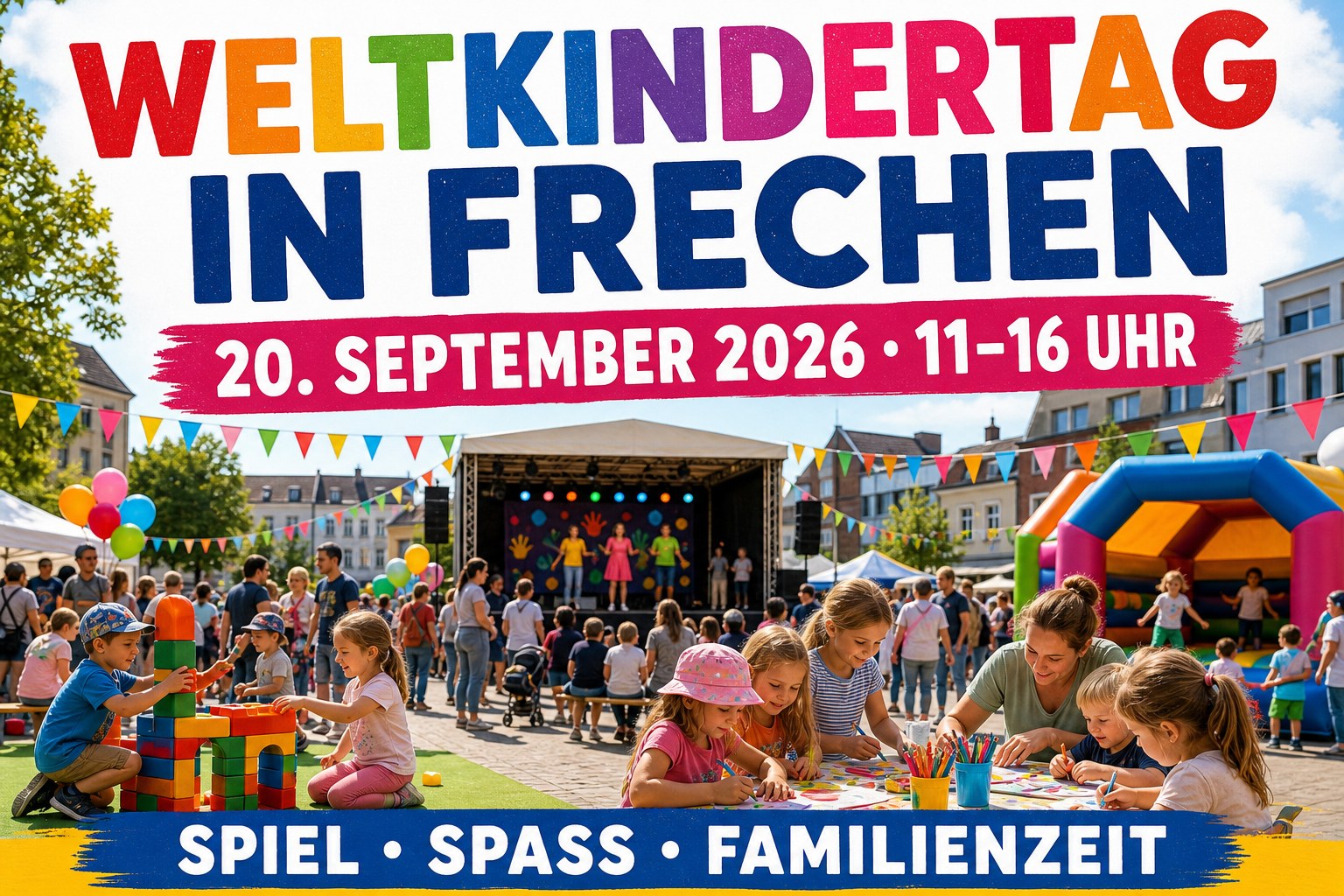 Farbenfrohes realistisches Werbemotiv zum Weltkindertag auf dem Johann-Schmitz-Platz in Frechen