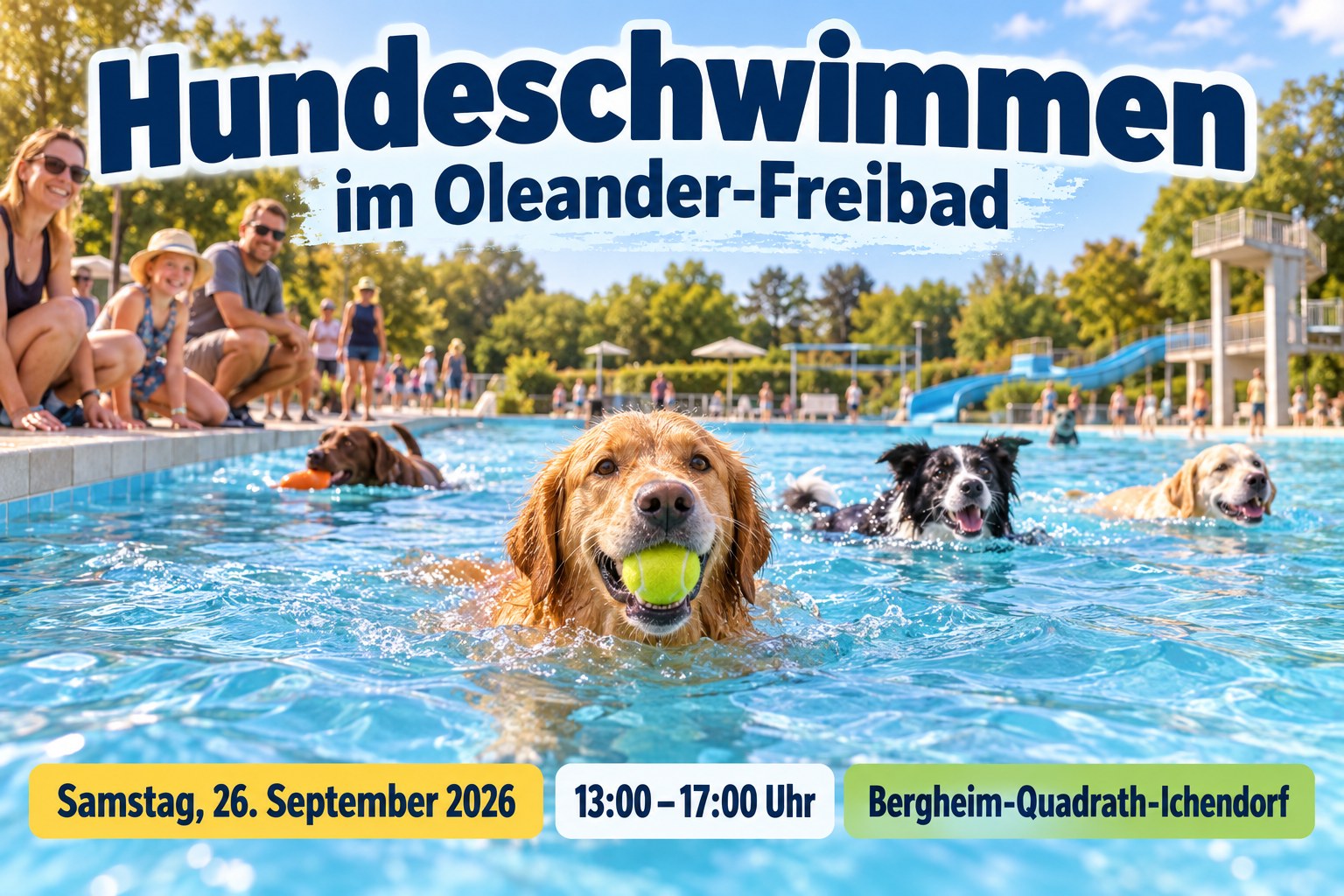 Veranstaltungsplakat zum Hundeschwimmen im Oleander-Freibad Bergheim