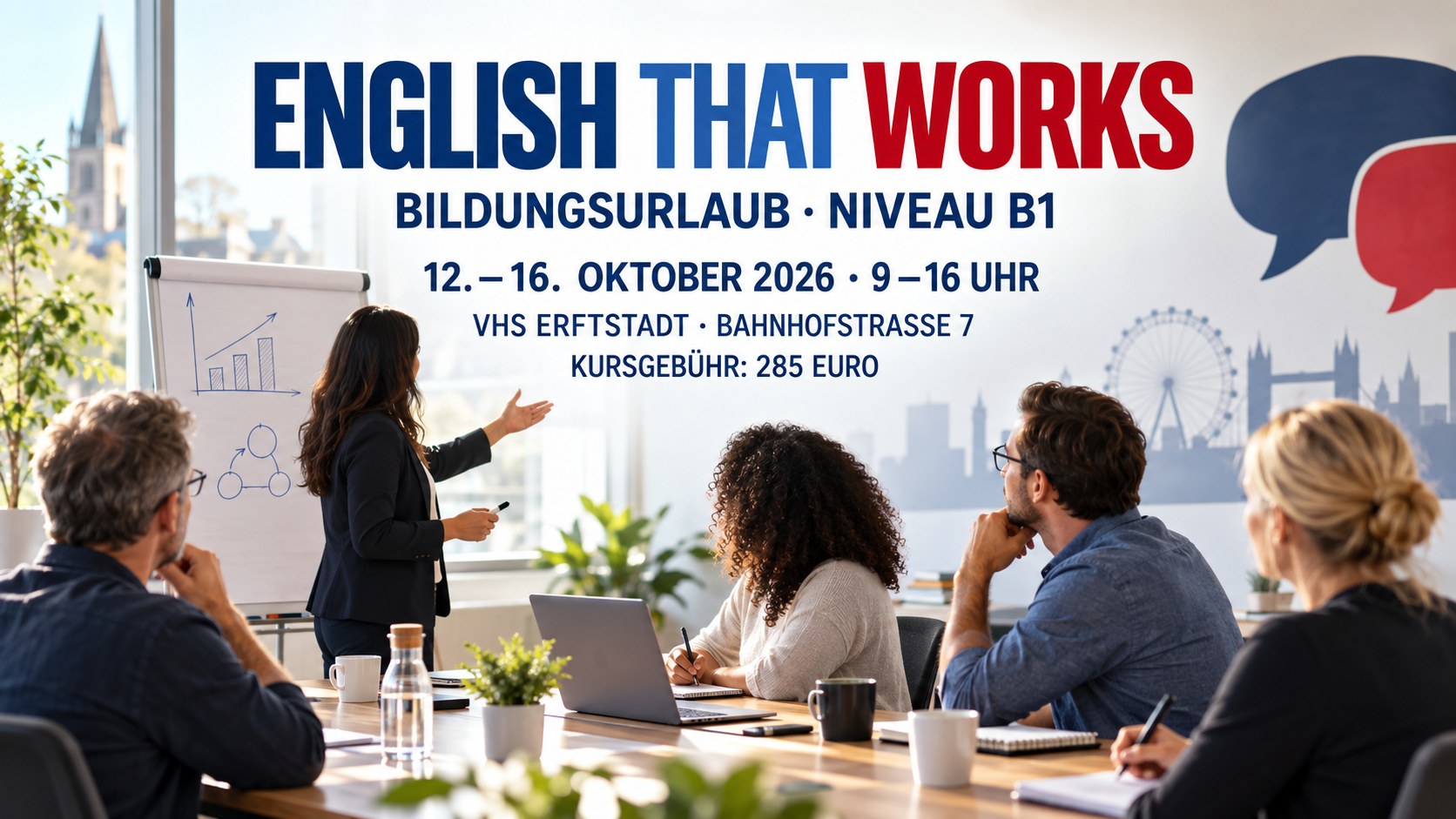 Veranstaltungsplakat für den Englisch-Bildungsurlaub der VHS Erftstadt