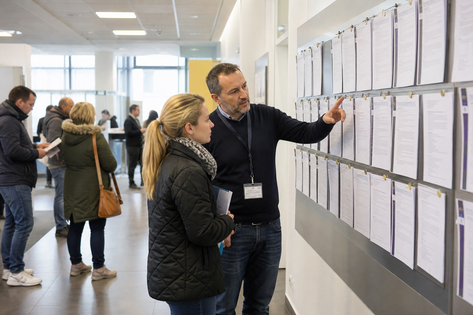 Arbeitssuchende und Berater vor einer Wand mit Stellenangeboten
