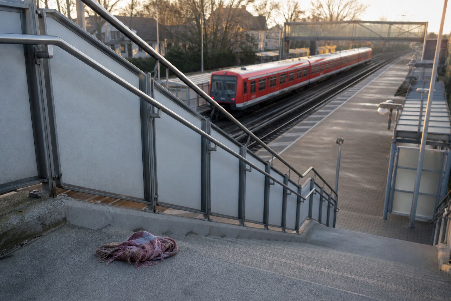 Symbolbild der Treppenanlage eines S-Bahnhofs mit abfahrendem Zug