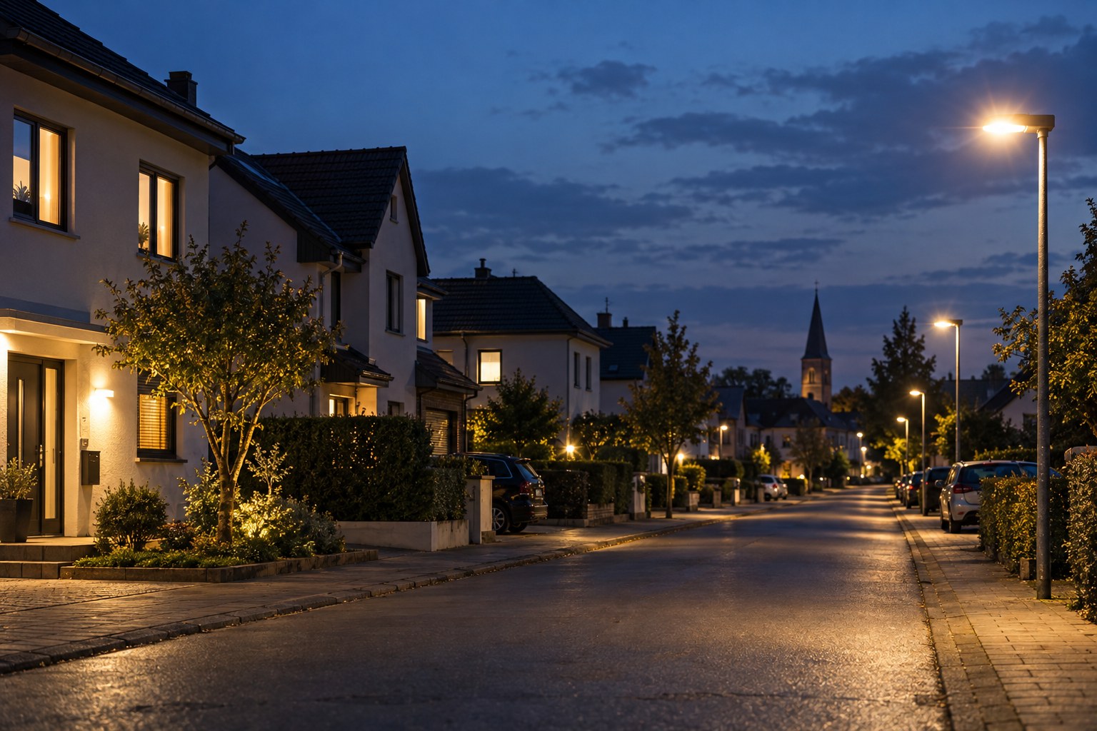 Beleuchtete Wohnstraße nach Wiederherstellung der Stromversorgung