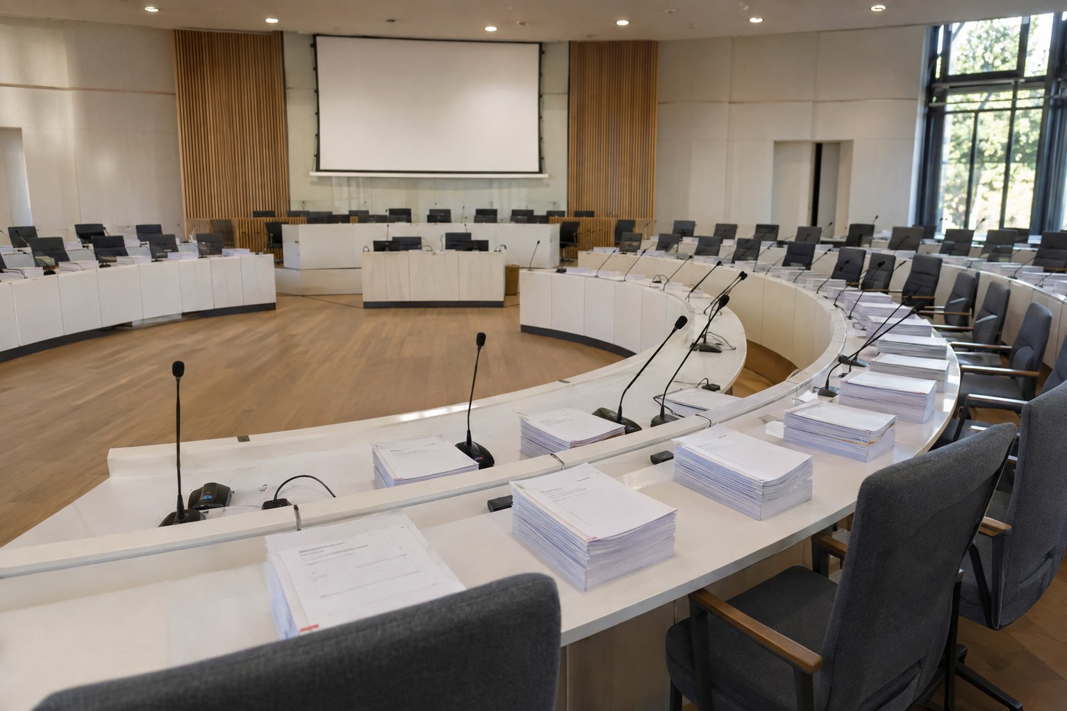 Leerer Sitzungssaal mit gebogenen Tischen, Mikrofonen und Ausschussunterlagen