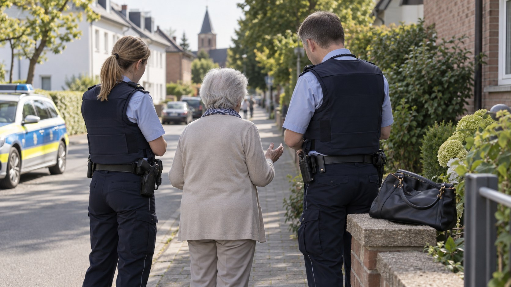 Symbolbild: Seniorin spricht nach einem Handtaschenraub mit Polizeikräften