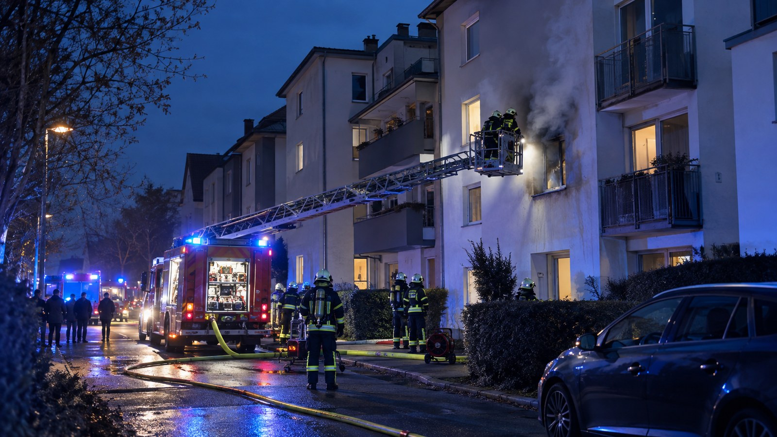 Symbolbild eines nächtlichen Feuerwehreinsatzes an einem Wohngebäude