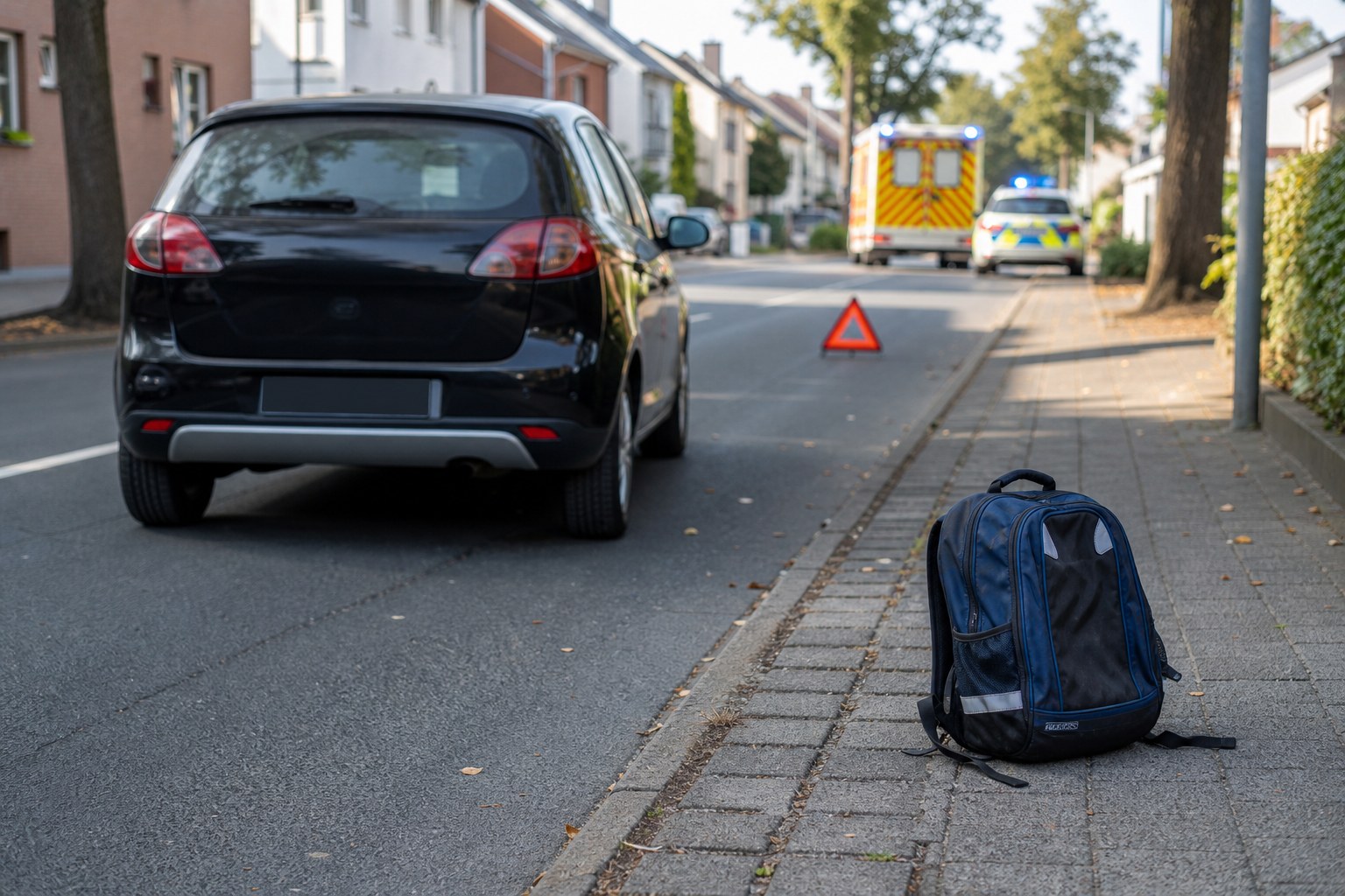 Symbolbild: Schulrucksack am Straßenrand nach einem Verkehrsunfall in einem Kerpener Wohngebiet