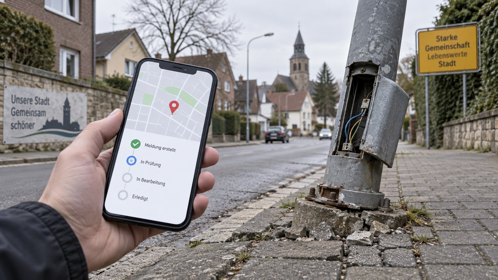 Smartphone mit digitalem Mängelmelder neben einer beschädigten Straßenlaterne