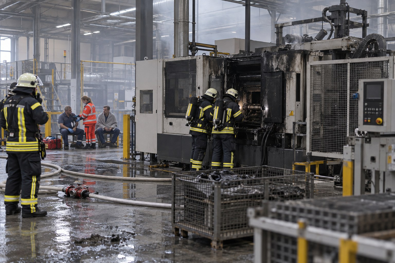 Gelöschter Maschinenbrand in einer Produktionshalle als Symbolbild