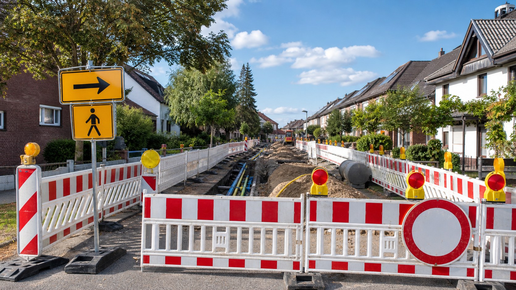 Leitungsbaustelle mit Vollsperrung in einer Wohnstraße als redaktionelles Symbolbild