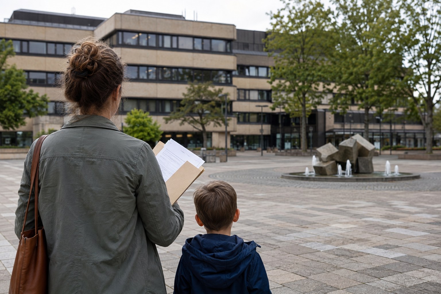 Mutter und Kind mit Unterlagen auf dem Platz vor dem Wesselinger Rathaus