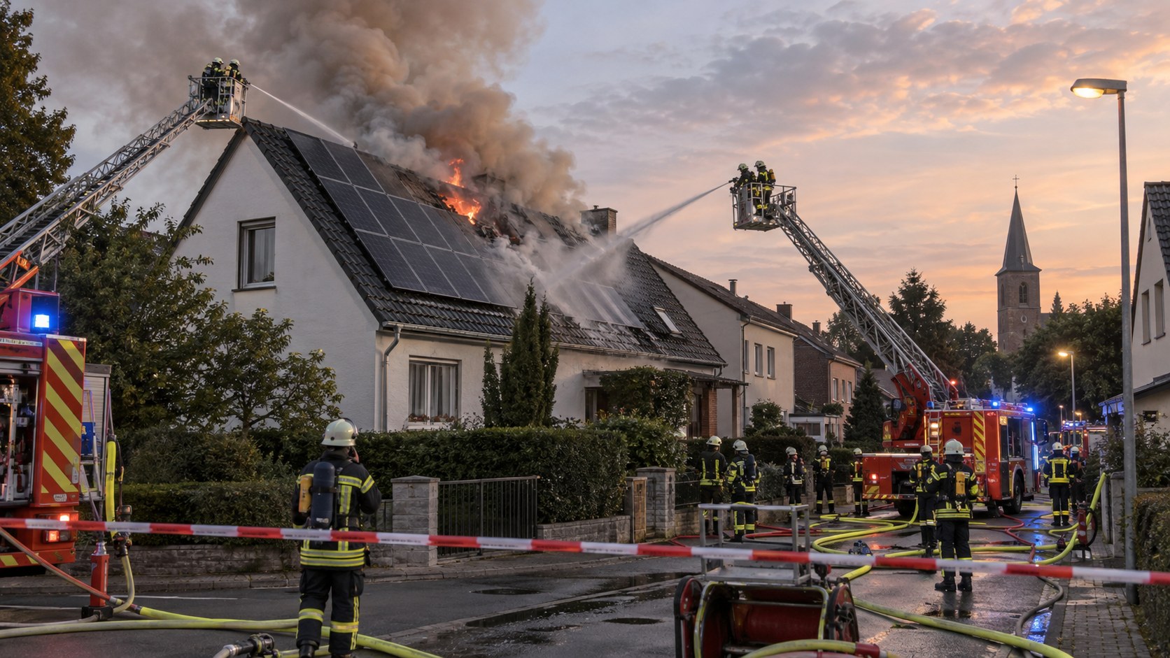 Feuerwehr löscht einen Dachstuhlbrand unter einer Photovoltaikanlage in Kerpen-Mödrath