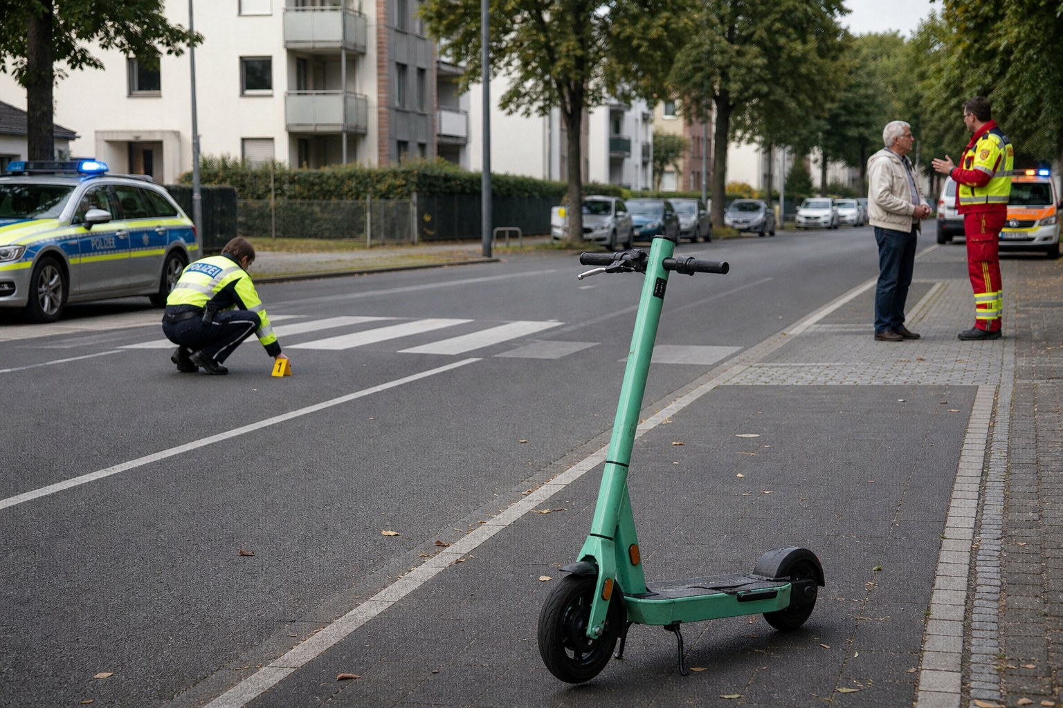Symbolbild einer polizeilichen Unfallaufnahme mit E-Scooter in einer Hürther Straße