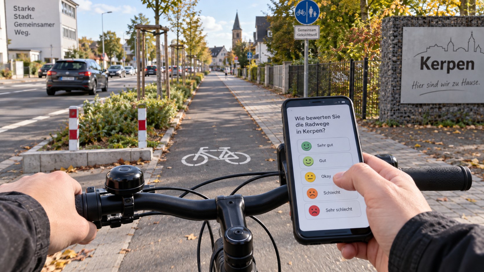 Radfahrer bewertet auf einem Smartphone die Radwege in Kerpen