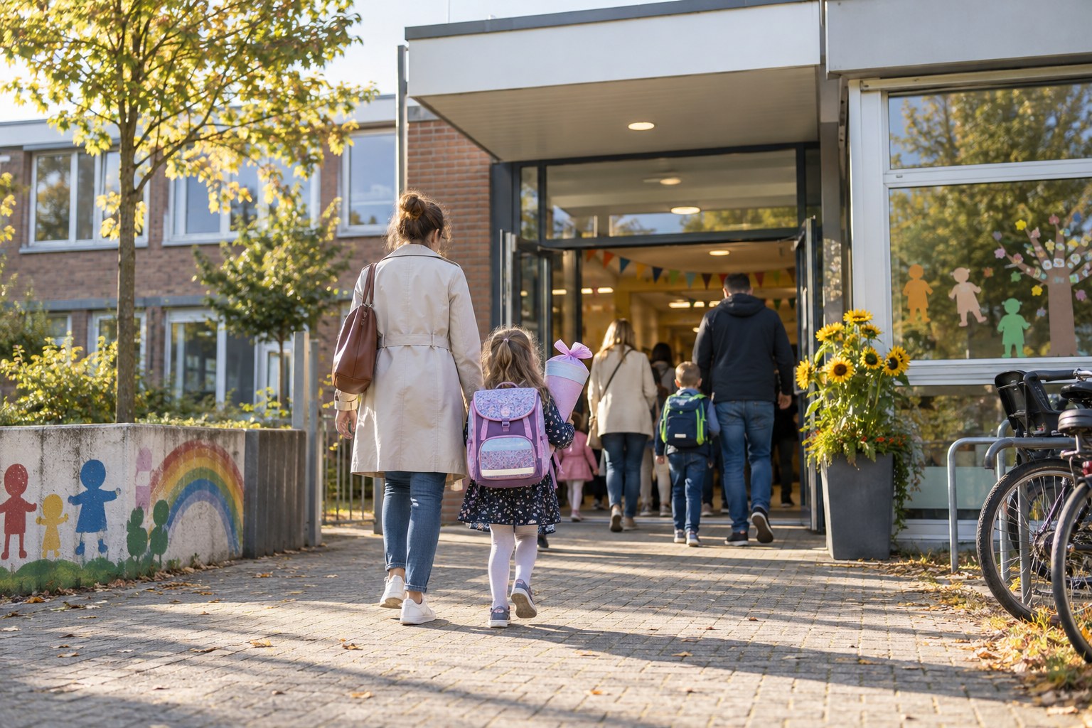 Eltern und Kinder bei der Grundschulanmeldung als Symbolbild