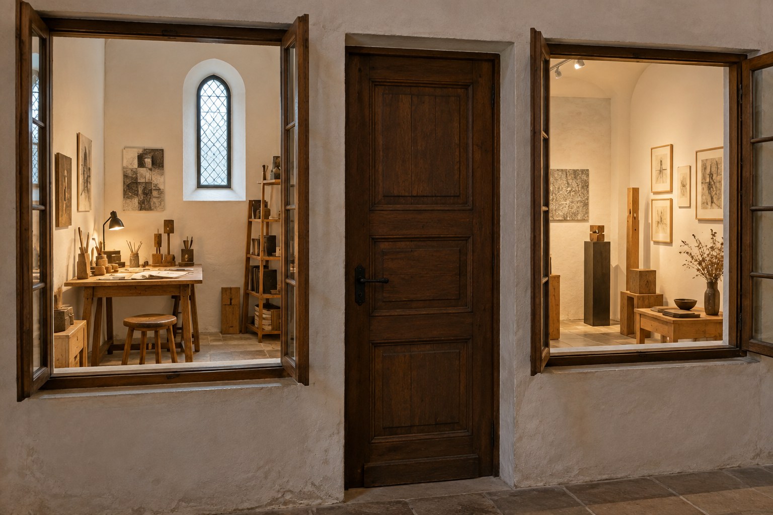 Künstlerische Atelierinstallation in einem historischen Ausstellungsraum