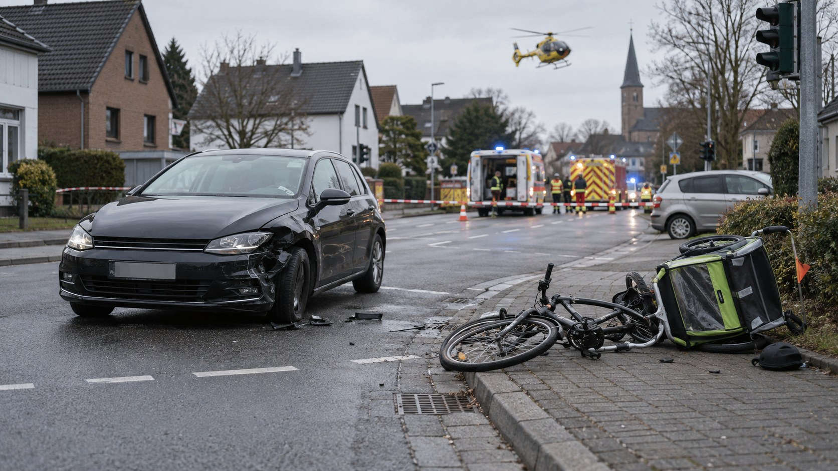 Unfallstelle mit Fahrrad, Auto und Rettungskräften in einer Wohnstraße in Lechenich