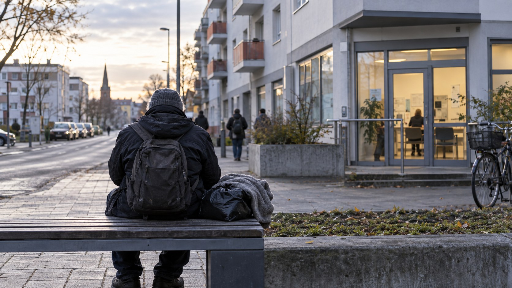 Wohnungsloser Mensch vor einer Beratungsstelle im Rhein-Erft-Kreis