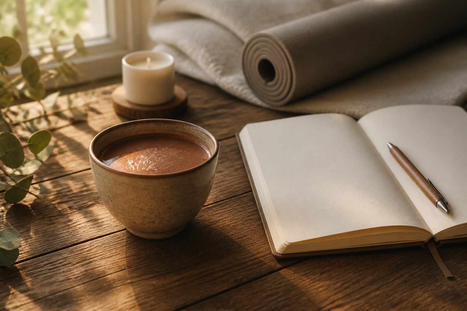 Symbolbild einer Tasse Kakao neben einem Journal und einer Yogamatte